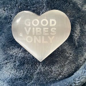 selenite “good vibes only” palm crystal